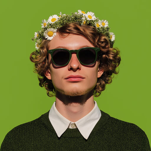 Giovane uomo con capelli ricci che indossa occhiali da sole verdi e una coroncina di margherite su sfondo verde.