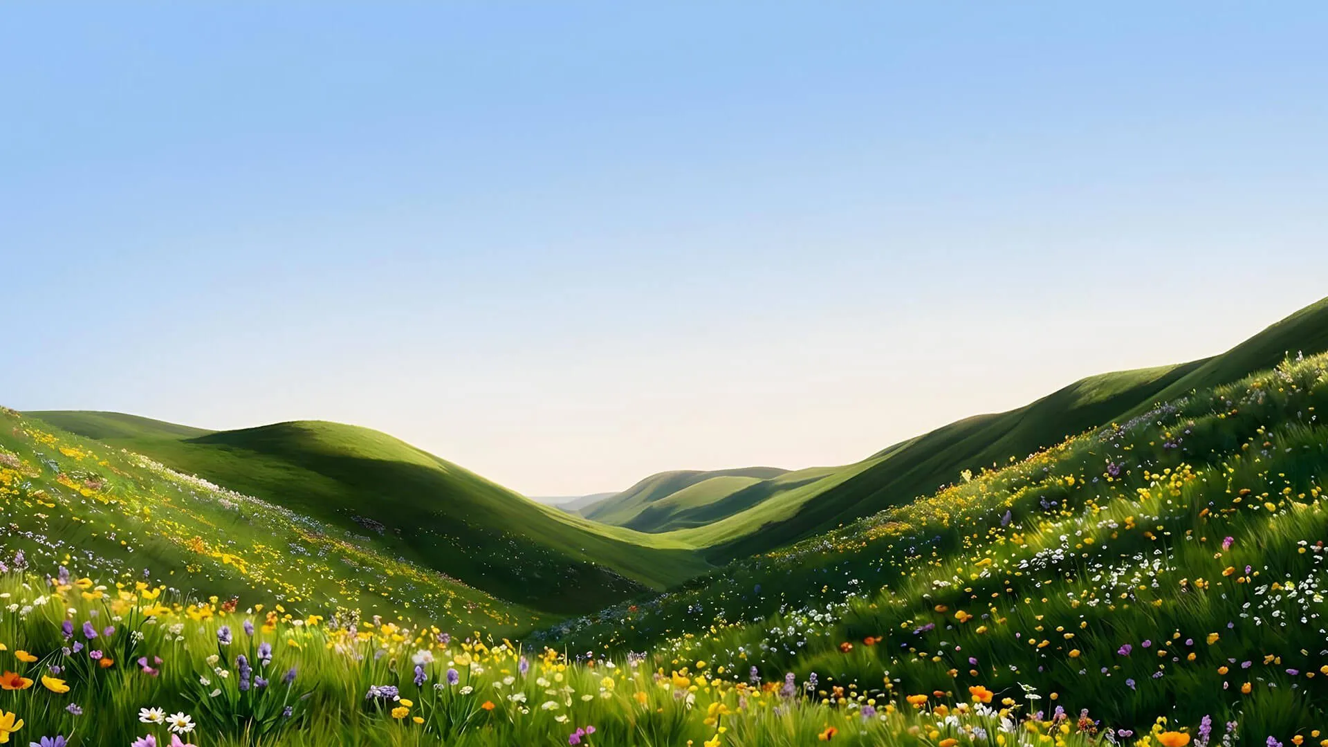 Dolci colline verdi ricoperte di fiori selvatici colorati sotto un cielo azzurro e limpido.