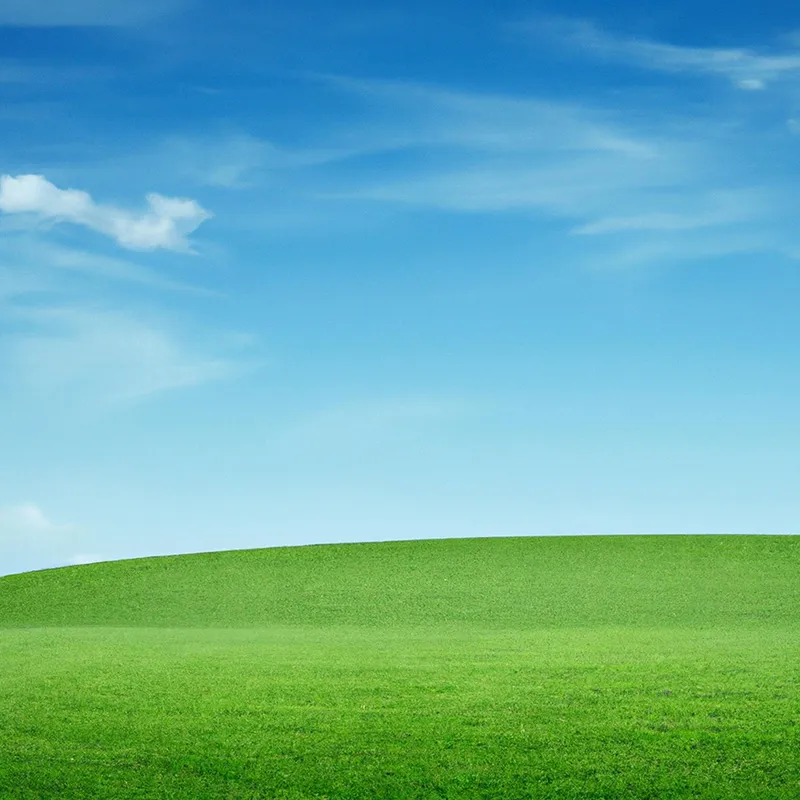 Dolce collina erbosa verde sotto un cielo azzurro con nuvole bianche sparse.