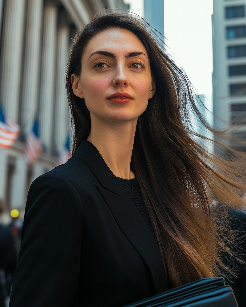 Giovane donna con lunghi capelli castani che indossa un blazer nero, tiene una cartella e si trova all'aperto in un contesto urbano.