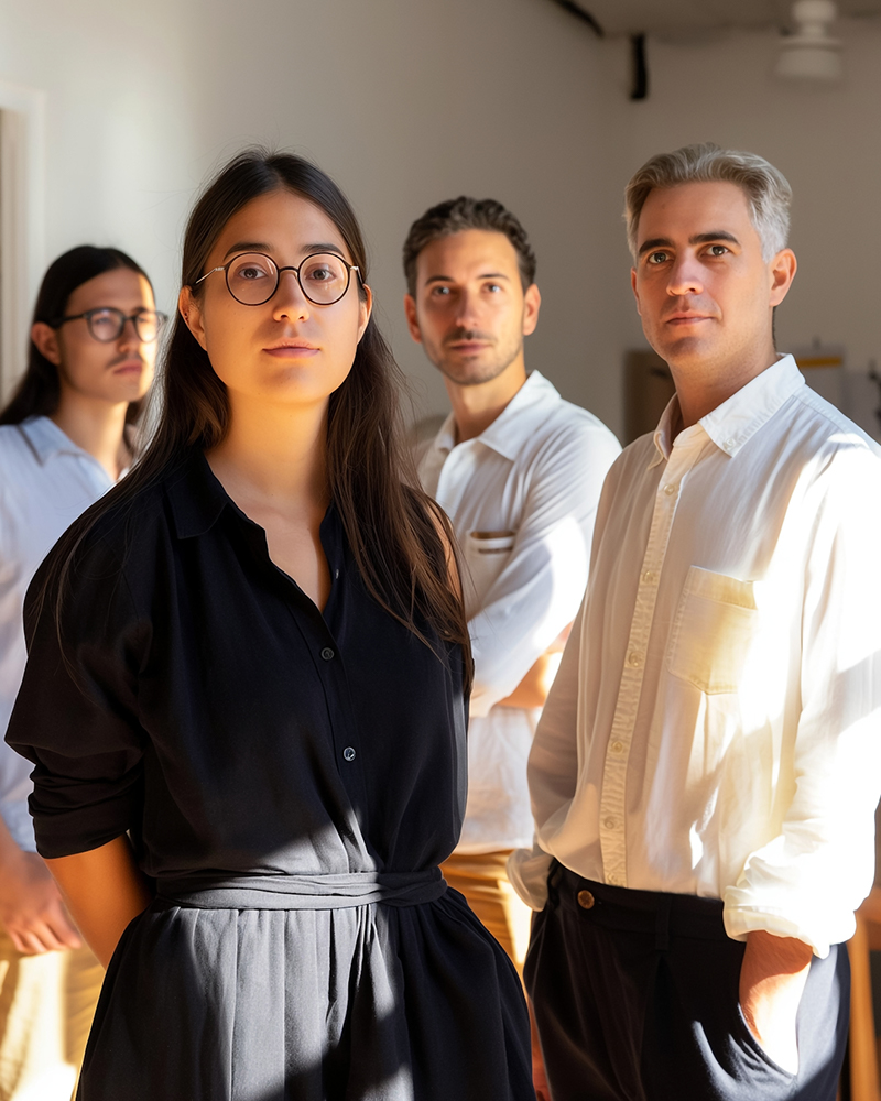 Quattro giovani professionisti di etnie diverse in un ambiente interno, con una donna in camicia nera davanti e tre uomini in camicia bianca dietro di lei.